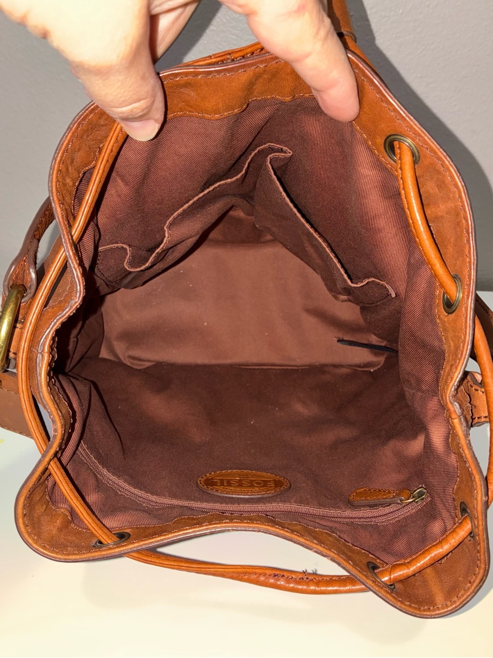 Fossil Women's Brown Leather Drawstring Bucket Bag - Picture 9 of 9